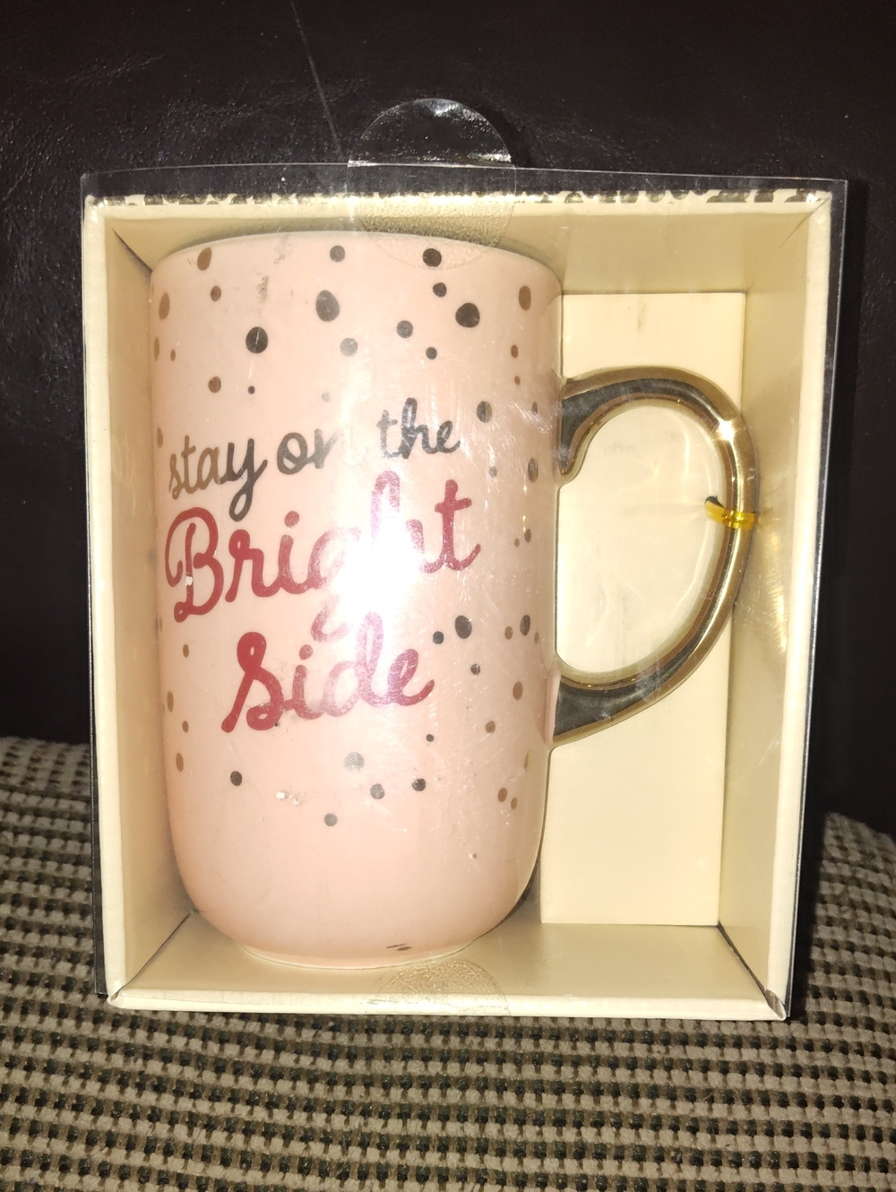Expressions Pink Ceramic Mug with Gold Handle - 'Stay on the Bright Side'